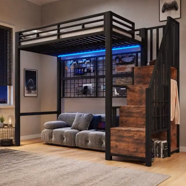 Letto a soppalco ULEVR 90x200 cm con armadio-scala, griglia appendiabiti e LED a 7 colori, nero