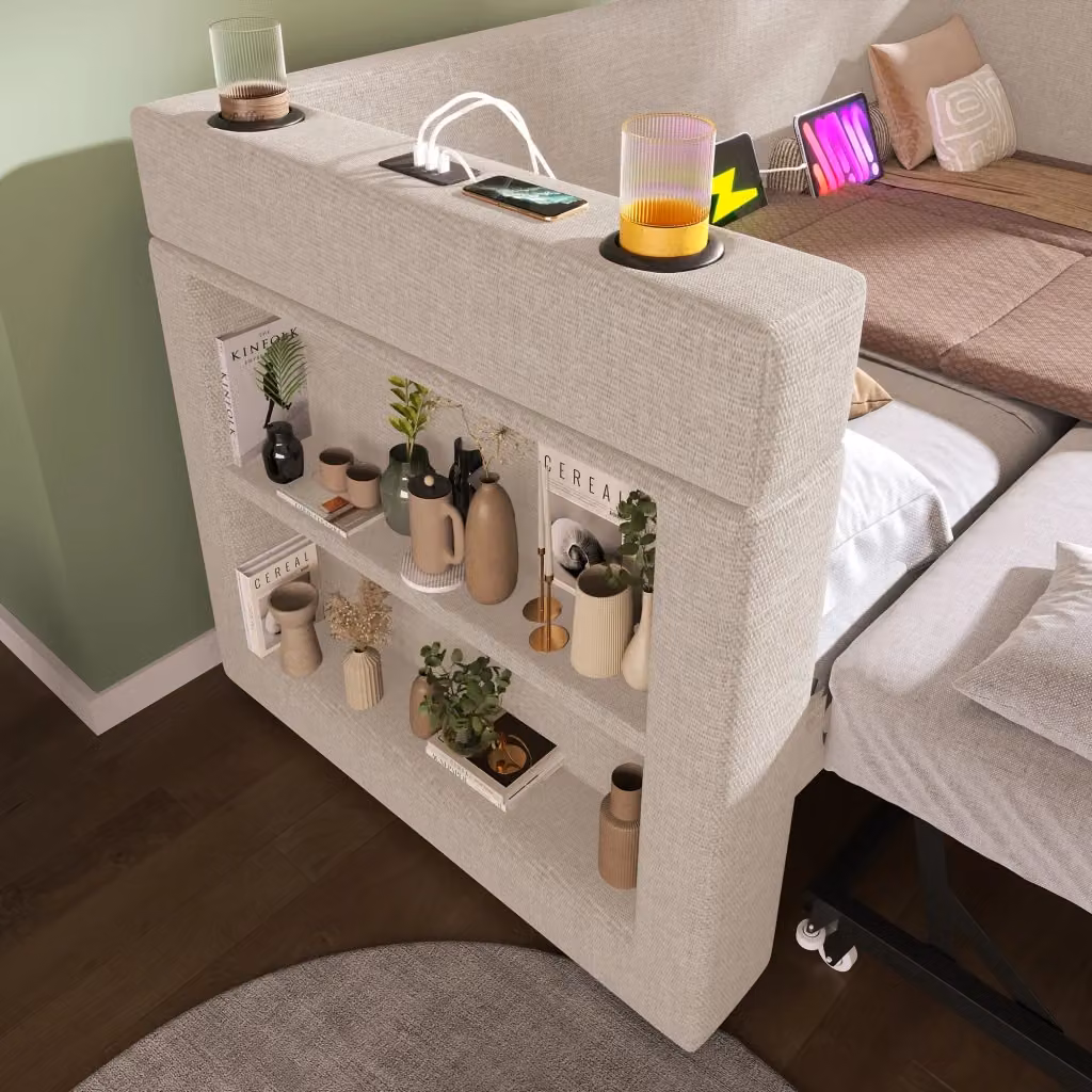 Divano letto MIVRAY beige con letto estraibile, ricarica USB e Type-C, rivestito in tessuto misto cotone e lino, L/P/H: 90 x 190 cm – 2