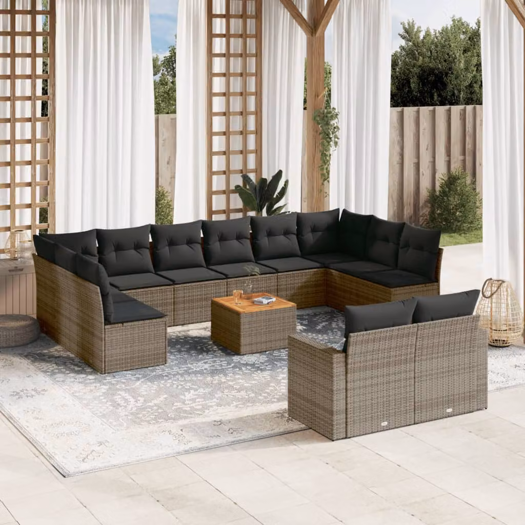 Set di divani da giardino vidaXL in polyrattan grigio con 13 pezzi e cuscini inclusi – 1