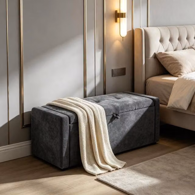 Panca contenitore REDOM in tessuto grigio con seduta imbottita L: 122 cm – 1