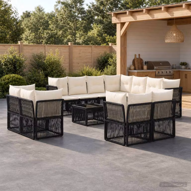 Set Divano da Giardino vidaXL a Forma di L con Tavolino da Caffè Nero in Polyrattan e Acciaio