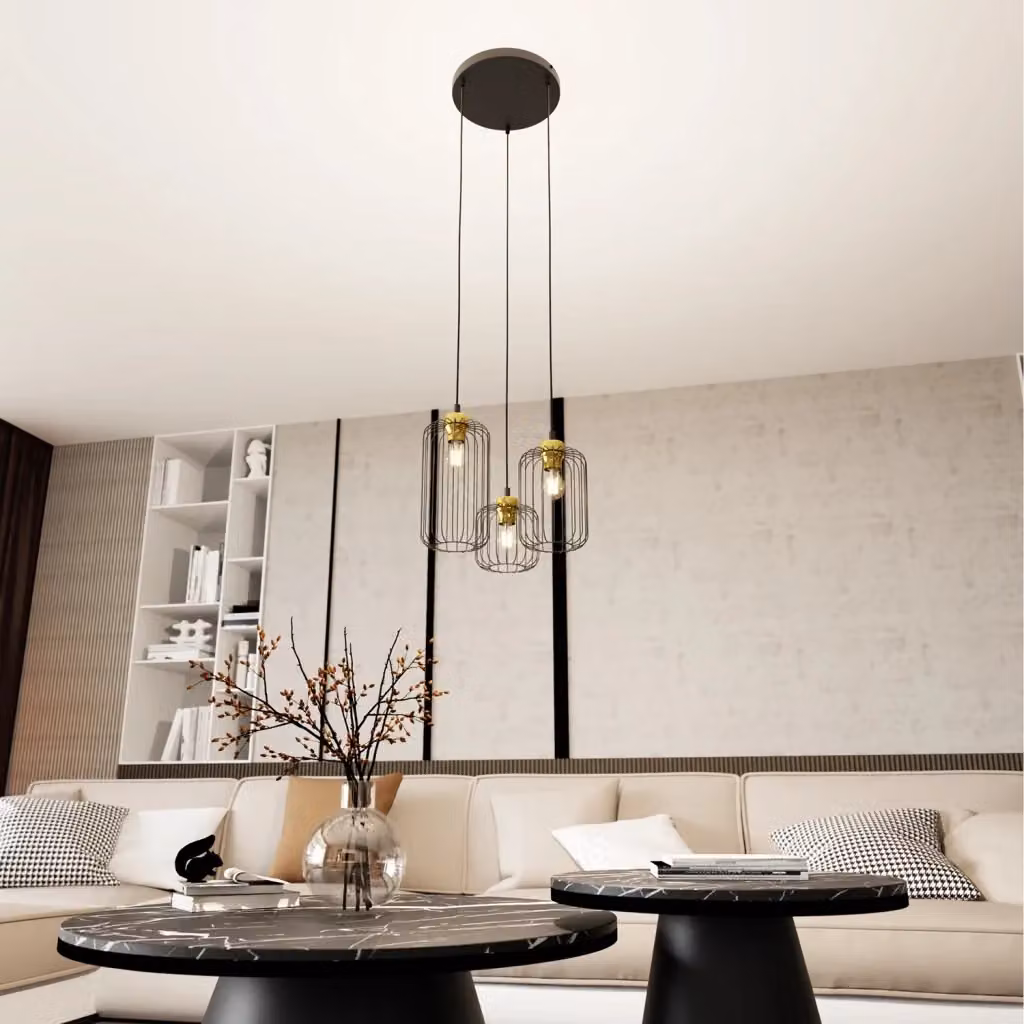 Lampada a sospensione industriale Luceart-Classic Donar con 3 luci, design tondo in metallo nero e oro – 2