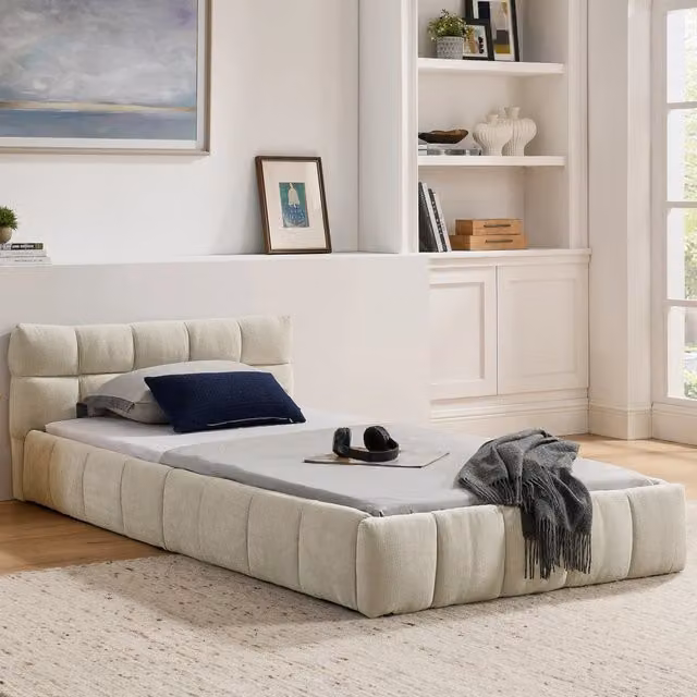 Letto singolo per bambini in ciniglia beige 90x200 cm con struttura in legno di eucalipto e telaio in ferro