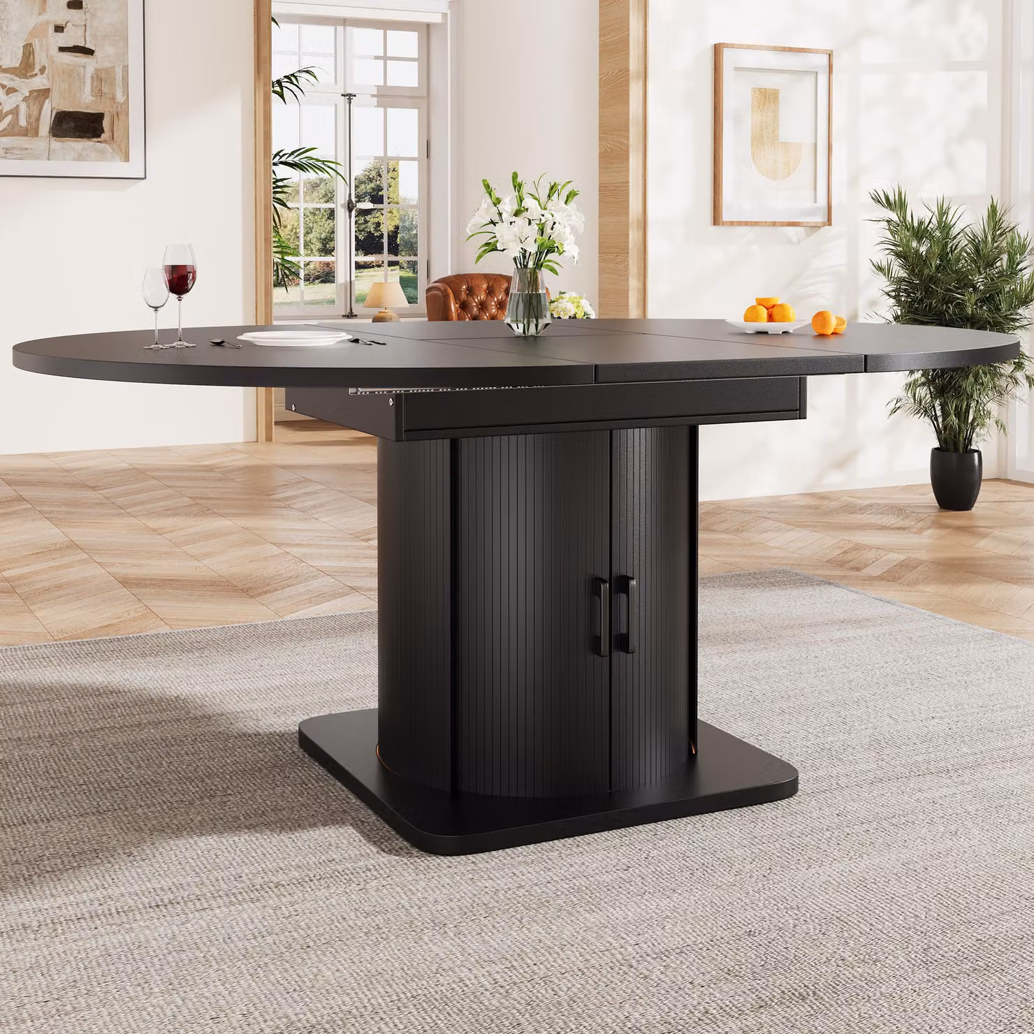 Tavolo da pranzo allungabile con cassetti Flieks, allungabile in forma ovale, può ospitare fino a 6 persone, tavolo da pranzo, 118-158 x 118 x 76 cm, nero