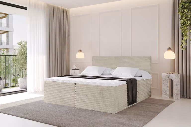 Letto boxspring ALTDECOR - TOLO-v1 160x200 in velluto a coste - Crema - Set completo con materasso a molle Bonell e topper, letto imbottito con materasso H3 e cassetti, rete a doghe, letto con contenitore, letto matrimoniale, letto a cassettone