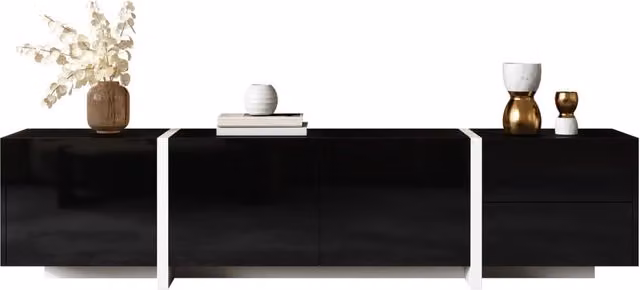 Mobile TV con mobile basso, finitura nera lucida, gambe bianche a contrasto, ante e cassetti eleganti. Con striscia LED.