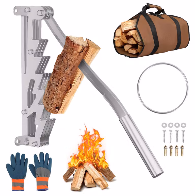 Spaccatutto manuale in legno, realizzato in acciaio al manganese e ghisa, colore argento, da fissare a parete, dotato di leva fissa e set di accessori