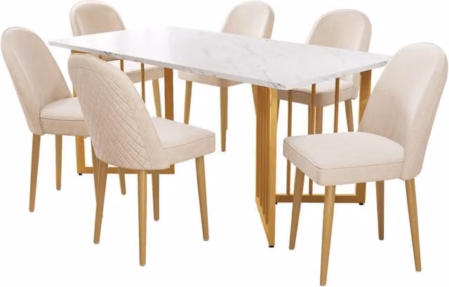 Set di 6 sedie da pranzo in velluto beige con gambe in metallo dorato