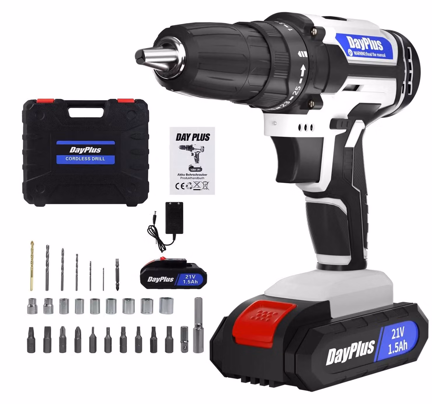 Trapano avvitatore a batteria - Trapano avvitatore a batteria da 21V - Coppia di serraggio di 45 Nm - Velocità variabile - Luce LED - Adatto per legno e metallo - Bianco