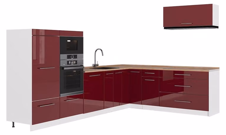 Cucina angolare completa Vicco Fame-Line Bordeaux lucido/Bianco 327 x 227 cm, PL Rovere, Model 64433