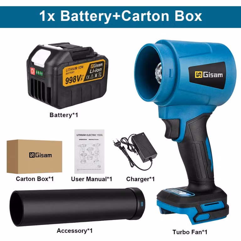 Ventilatore turbo elettrico - Ventilatore manuale, soffiatore per foglie, soffiatore per polvere - 300.000 giri al minuto, velocità dell'aria di 400 m/s, batteria da 21V, senza spazzole, alta pressione - Set con 1 batteria