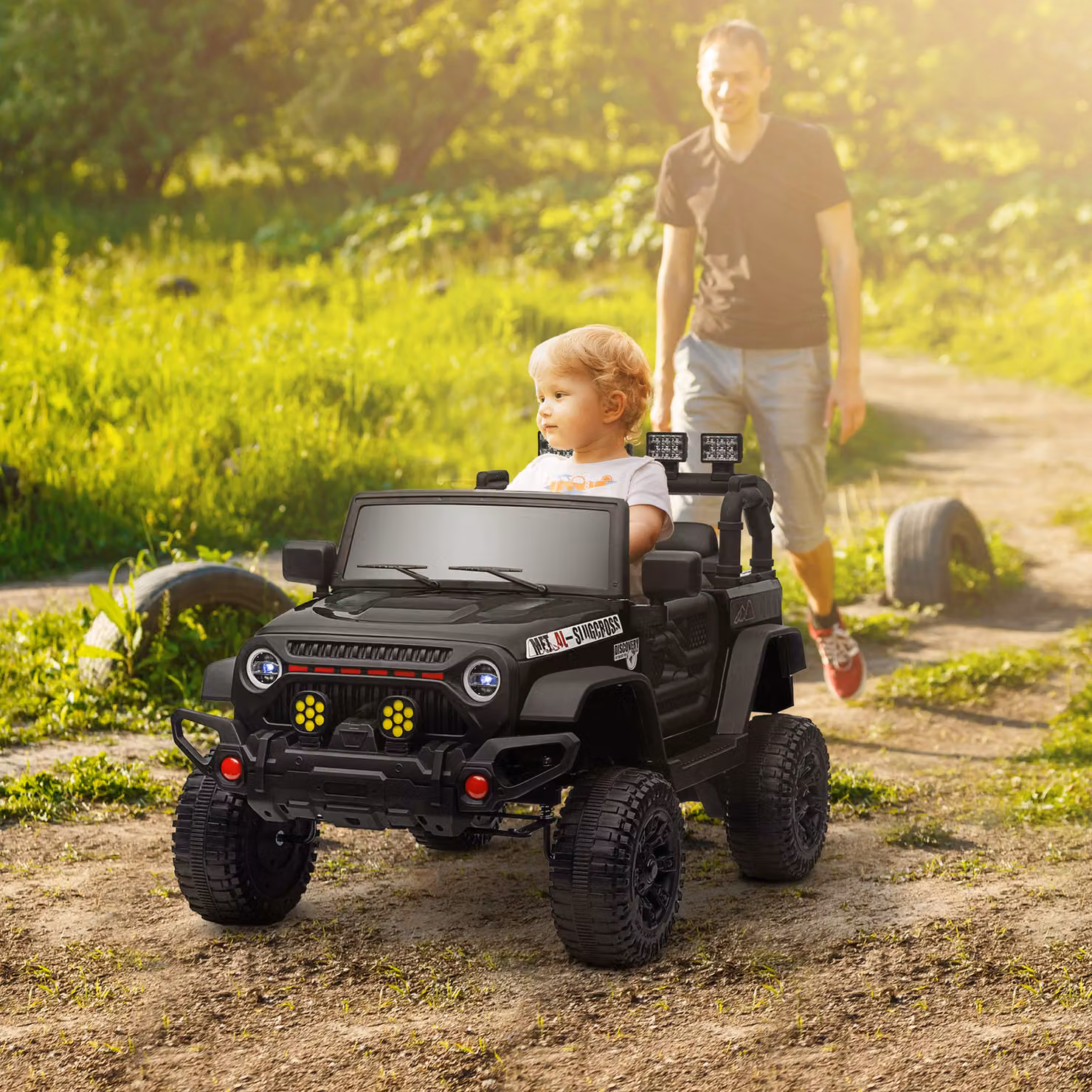 AIYAPLAY Auto elettrica UTV per bambini con telecomando 2,4G, 2 motori da 12V, musica, clacson e luci LED, nero, L/P/H: 100 x 63 x 65 cm – 2