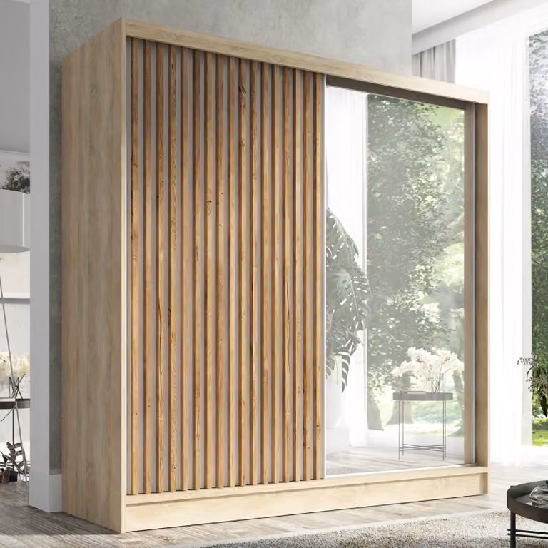 Armadio a ante scorrevoli, a 2 ante con specchio e lamelle 3D Premium LINA 200 cm (Sonoma)