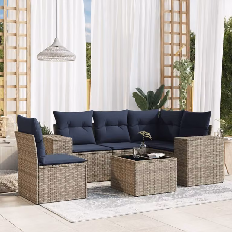 Set da giardino vidaXL in polyrattan 6 pezzi con cuscini grigi e blu, composizione a L con divani, elementi angolari e tavolino da caffè con struttura in metallo