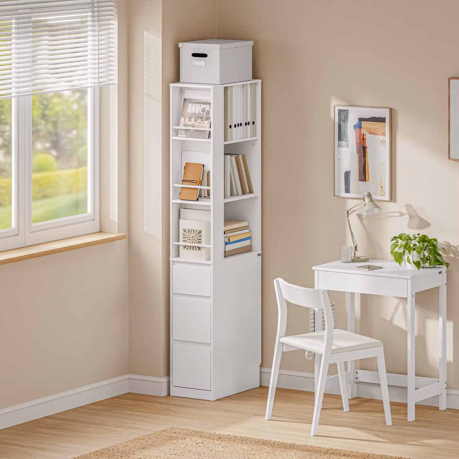 SoBuy Unità di Stoccaggio Alta per Angolo Bianca con 3 Ripiani e 3 Cassetti, Mobile Salvaspazio Moderno Struttura STR15-W