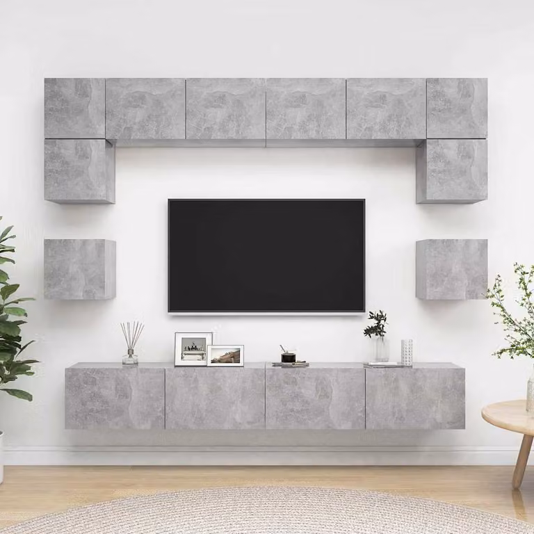 Set di mobili porta TV moderno vidaXL in legno e MDF, 8 pezzi, Grigio Cemento, da appendere alla parete
