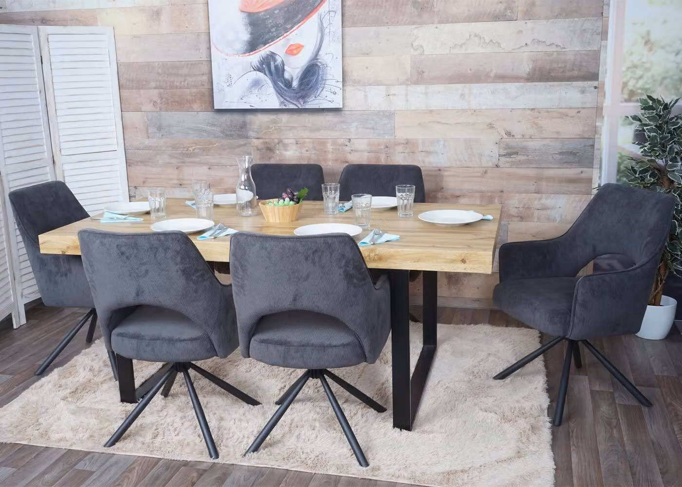 set di 6 sedie per sala da pranzo HWC-K30, poltrona da cucina, posizione girevole automatica, tessuto/tessuto MVG ~ velluto a coste grigio scuro