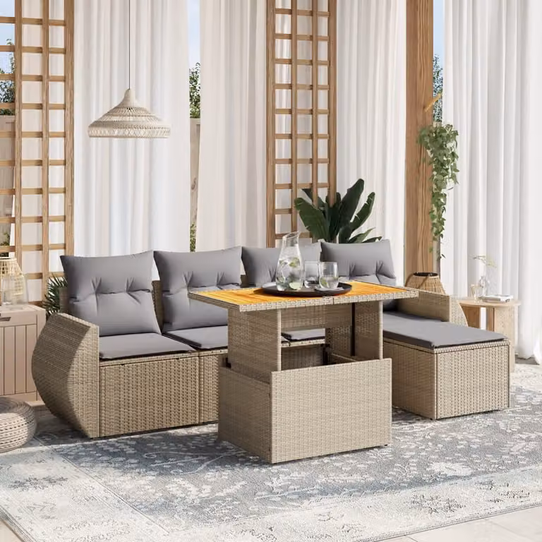 Set Divano da Giardino vidaXL 6 pz in Polyrattan con Cuscini Beige e Tavolino da Esterno