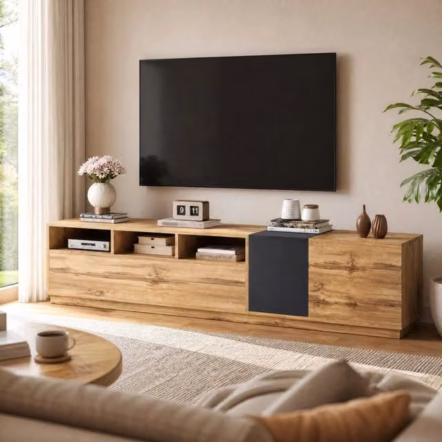 Mobile TV 200 cm in truciolare nero; grigio e effetto legno