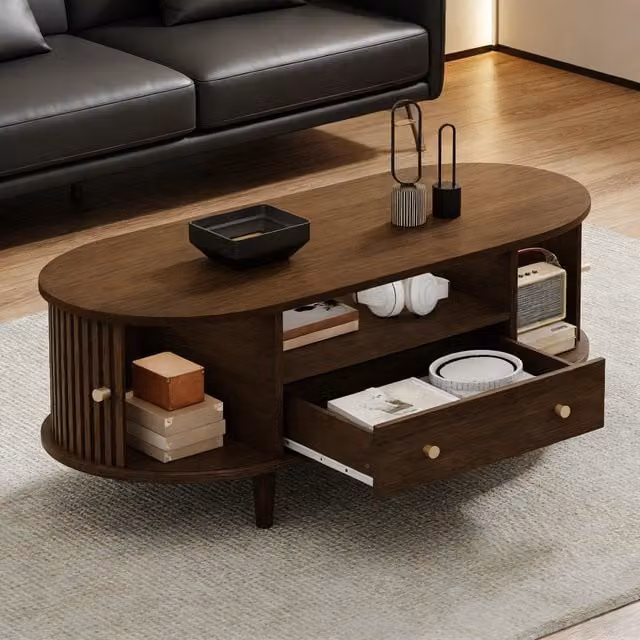 Tavolino ovale da salotto con cassetto, vano aperto e 2 ante scorrevoli in MDF noce per soggiorno, 100 × 50 × 36 cm