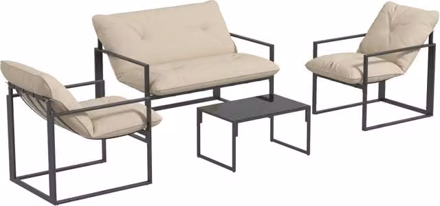 Set di mobili da giardino; 1 tavolo di vetro; 2 poltrone. 1 divano; impermeabile; 114 cm x 70 cm x 67 cm; grigio+beige