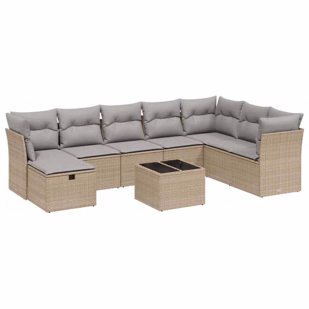 Set Divano da Giardino 9 pz con Cuscini Beige Misto Polyrattan