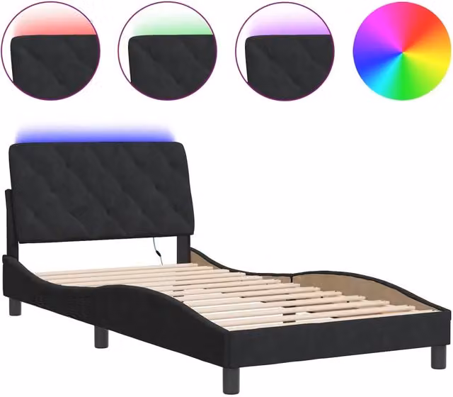 Letto singolo moderno in velluto nero con illuminazione LED sottostante e porta USB, L/P/H: 100 x 200 x 74,5 cm