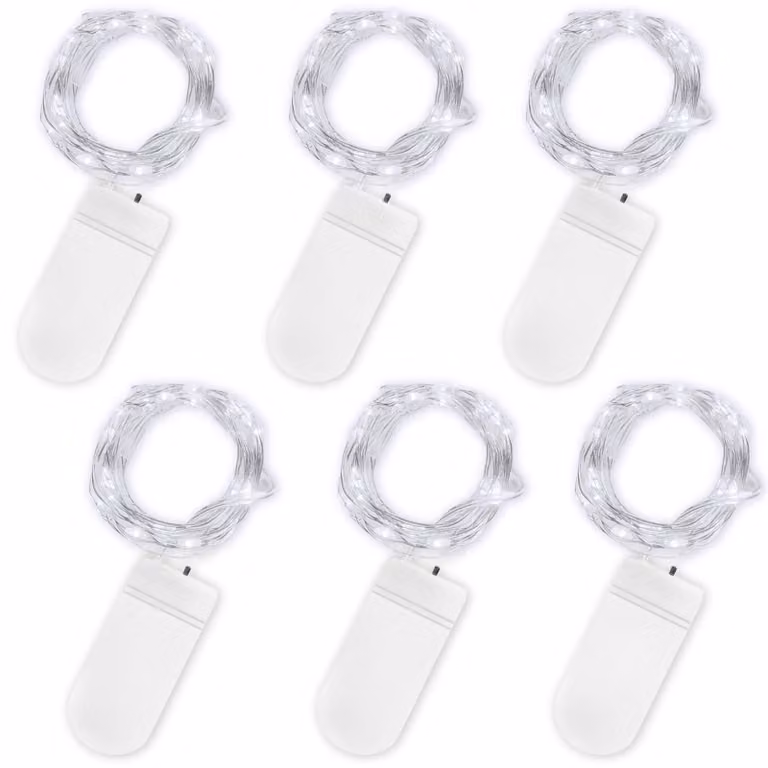 Set di 6 catene luminose a LED, lunghezza 2 metri, 20 lampadine, luce bianca fredda, alimentazione a batteria