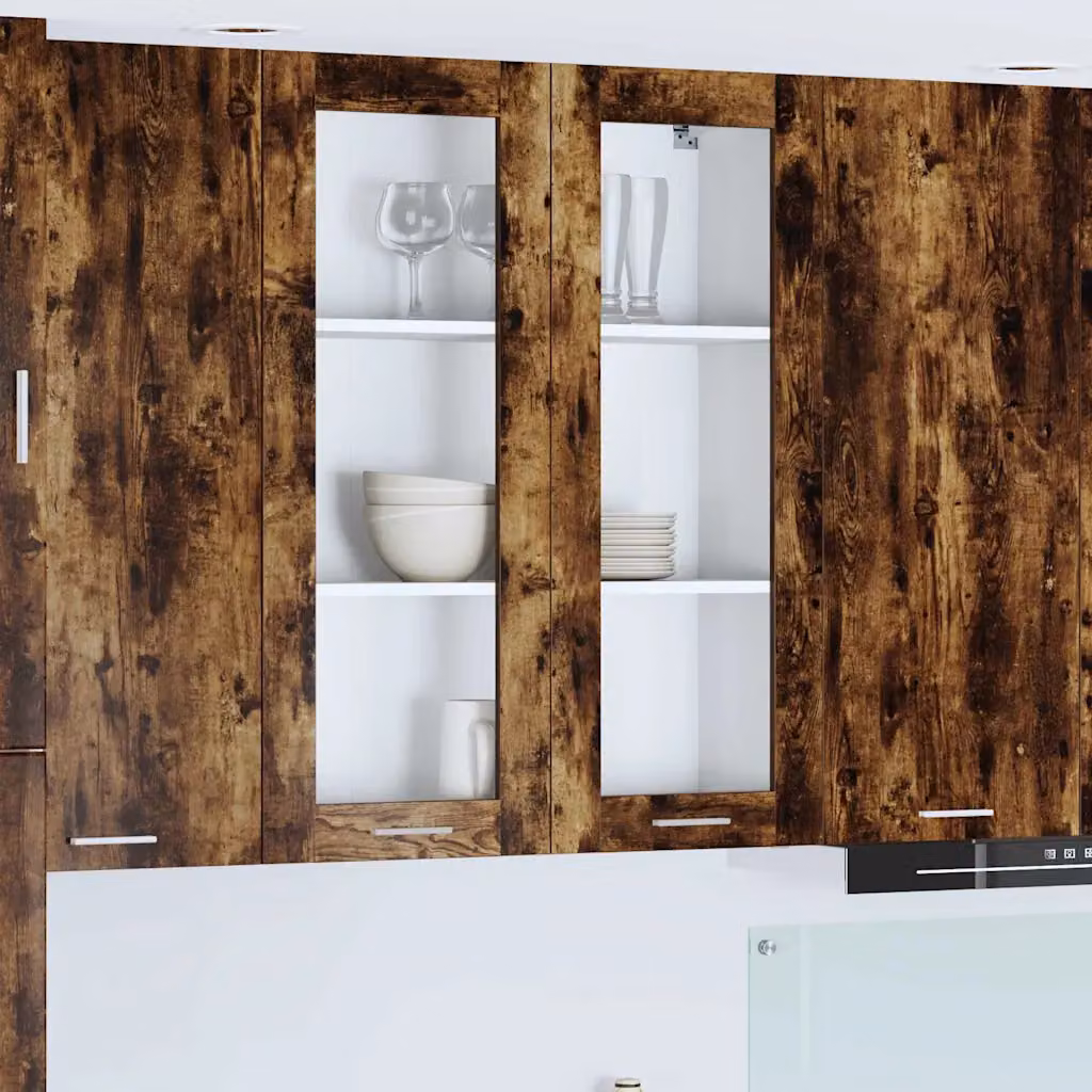 Armadio pensile da cucina moderno vidaXL in rovere fumé con ante in vetro e ripiani interni, L: 80 cm, P: 31 cm, H: 100 cm