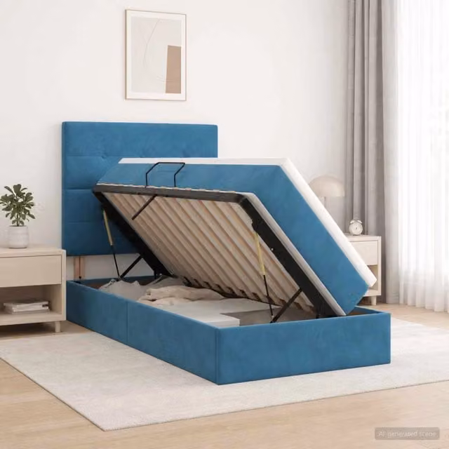 Letto con contenitore e illuminazione LED vidaXL in tessuto blu, L/P/H: 204 x 90 x 140 cm – 1