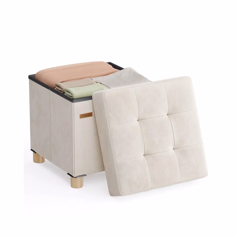 Pouf Contenitore in Velluto 37 L, Beige Cappuccino