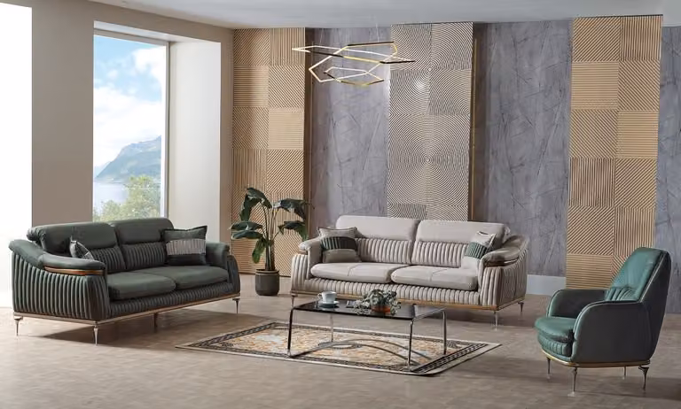 Sofagarnitur 3+3+1 Sitzer Wohnzimmer Set Komplett Textil Sofa Sessel Holz