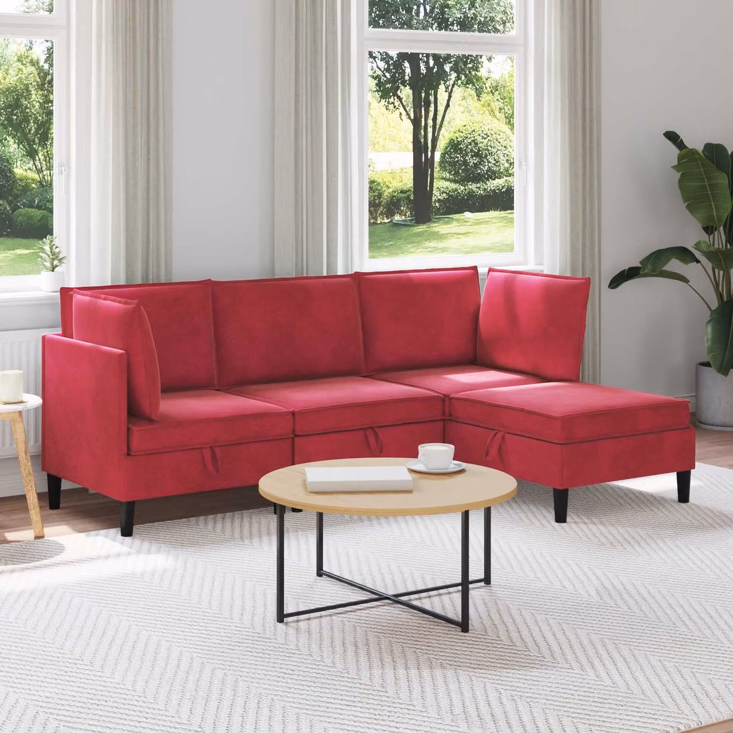 Set di mobili per il soggiorno vidaXL in velluto rosso con divano ad angolo e cuscini, stile moderno