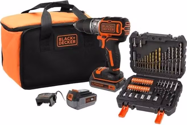 Avvitatore a percussione a batteria BLACK+DECKER 18 V, 2 batterie (2,5 Ah e 4 Ah), 50 accessori, senza spazzole, mandrino da 13 mm, BL188ME2SA-QW