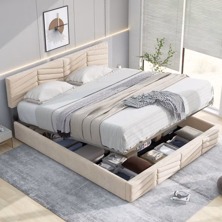 Letto imbottito STILVORA 140×200 cm, letto matrimoniale con contenitore, struttura letto per ragazzi con testiera regolabile in altezza, velluto olandese, beige (senza materasso)