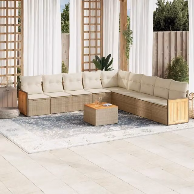Set Divano da Giardino a L vidaXL in Polyrattan con Cuscini Beige e Tavolino da Esterno 10 Pezzi