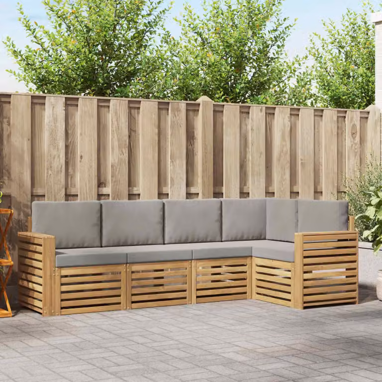 Set di divani da esterno a L vidaXL in legno di acacia con cuscini, Bianco e Grigio