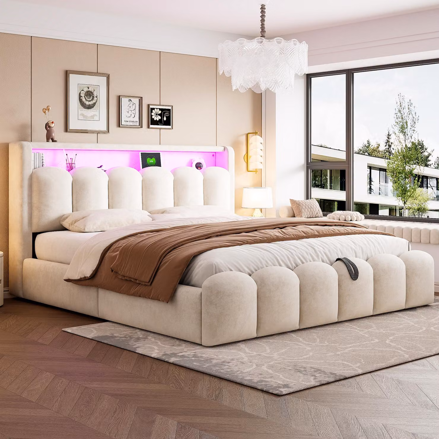 okwish Letto imbottito 180×200 Letto matrimoniale senza materasso, struttura letto con contenitore nella testata e porte USB+Type-C, Letto contenitore con LED in velluto, Beige