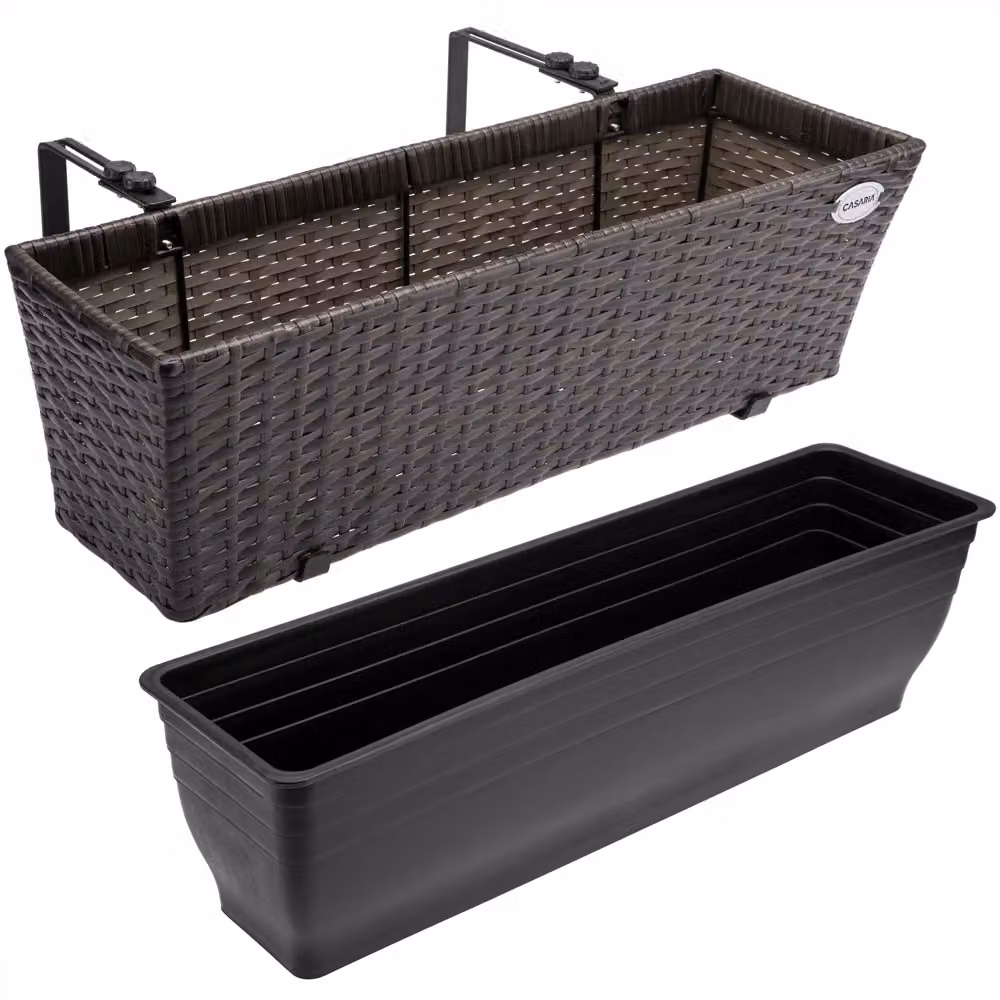 Set di 2 fioriere da balcone Casaria® in polyrattan marrone con struttura in acciaio zincato e plastica – 3