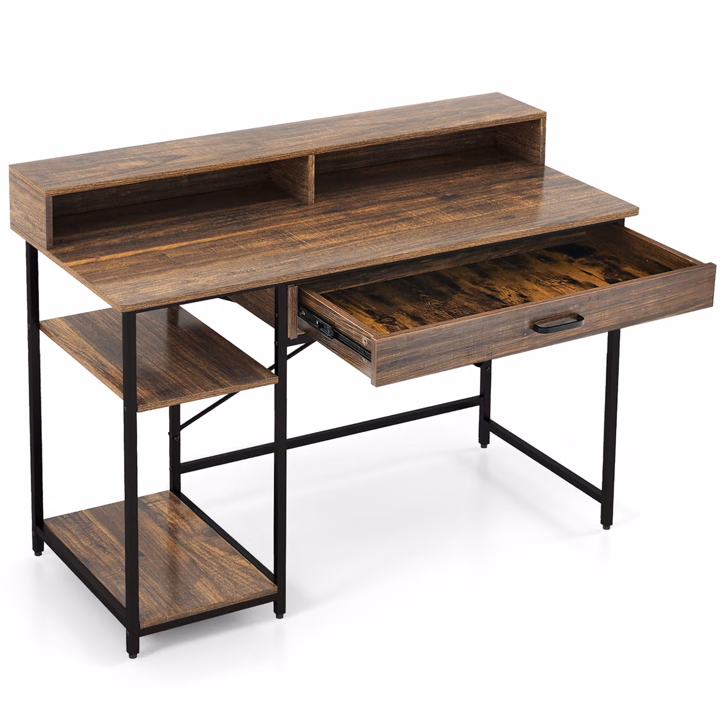 COSTWAY Desk scrivania per computer con cassetto, supporto per monitor e 2 ripiani aperti, scrivania per PC, scrivania per ufficio 120x56x90,5 cm, marrone rustico