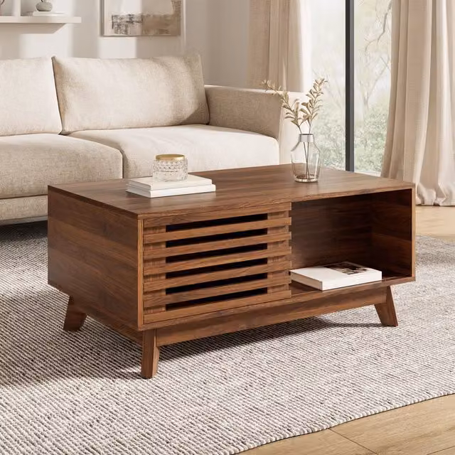 Tavolino da salotto elevabile con vano contenitore e anta scorrevole a serrandina per soggiorno, 90×55×57.5 cm, noce