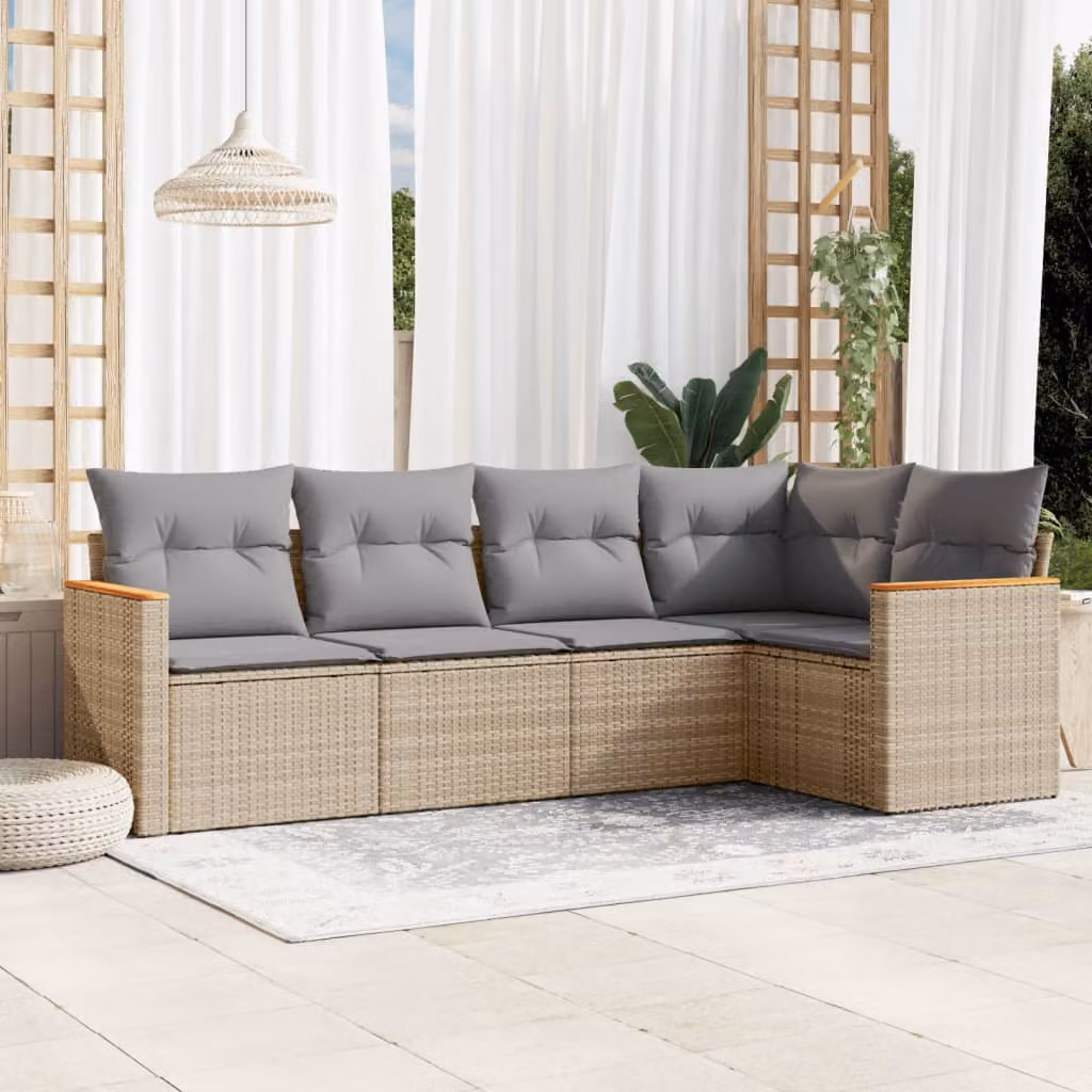 vidaXL Set Divano da Giardino a L 5 pz con Cuscini Beige e Grigio in Polyrattan e Acciaio