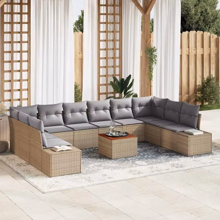 Set Divano da Giardino vidaXL 11 pz a forma di U in Polyrattan Beige con Cuscini e Tavolino