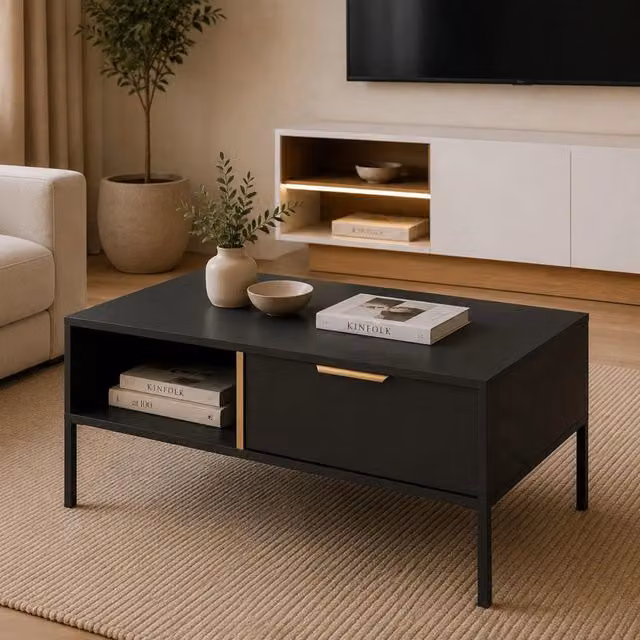 Tavolino da salotto Karo DMORA con 2 cassetti, colore nero antracite e oro, L: 97 cm, P: 60 cm, H: 44 cm – 1