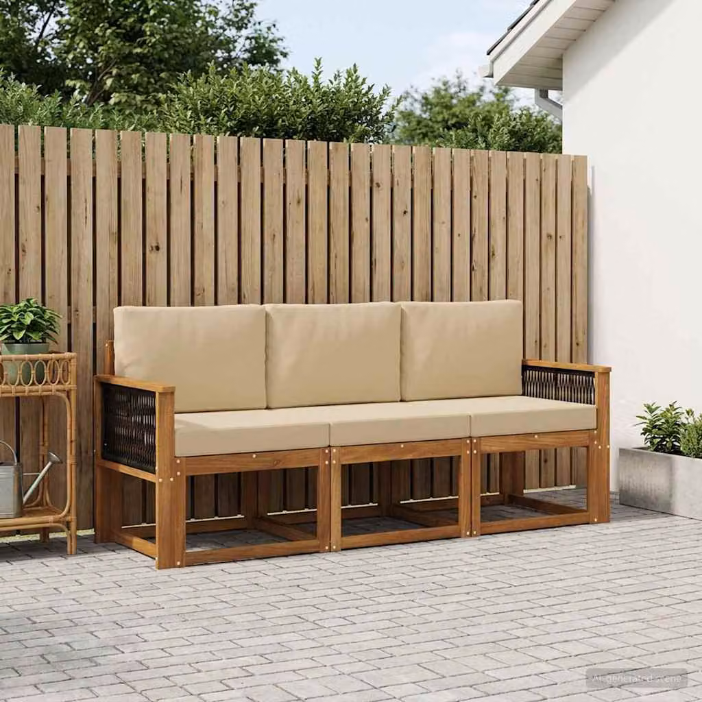 Set di divani da esterno vidaXL in legno di acacia con cuscini beige, 3 pezzi