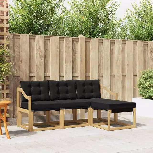 Set di divani da esterno vidaXL a forma di L con pouf, struttura in legno di acacia trattato e tessuto textilene, bianco e nero – 1