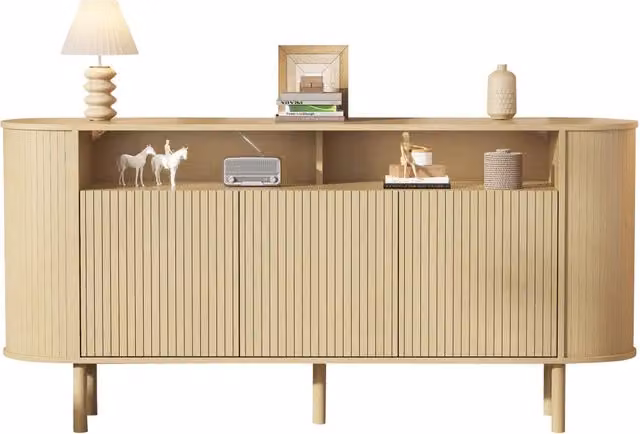 Credenza 160 cm Legno Naturale Madia Moderna 3 Ante Ondulate con Vani Aperti