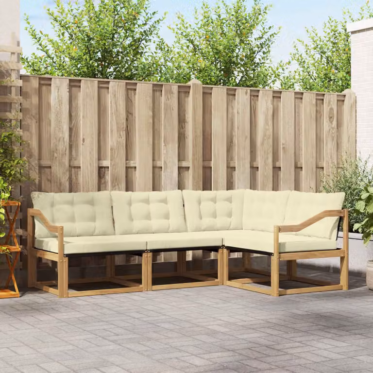 Set di divani da esterno a L vidaXL in legno di acacia con cuscini bianchi e beige