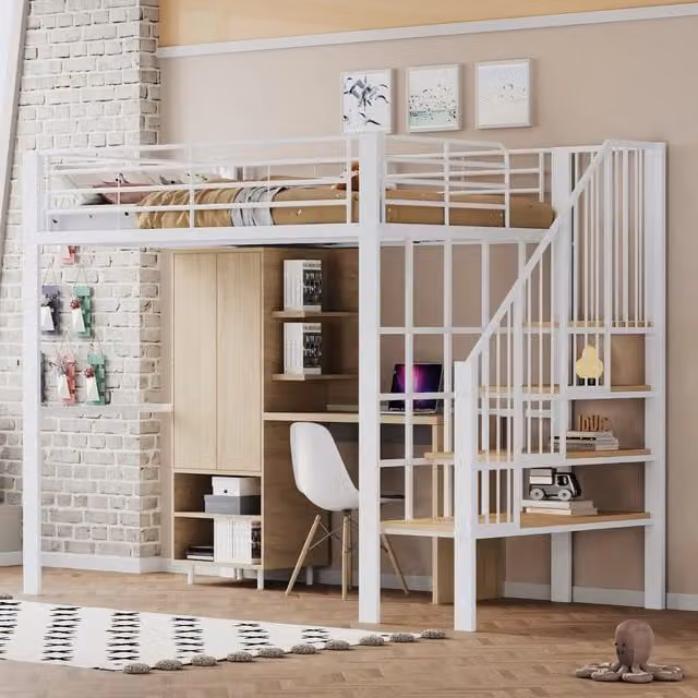 Letto a castello 140 x 200 cm in metallo stabile con ampio contenitore sotto il letto e scala, ideale per bambini e adulti, salvaspazio