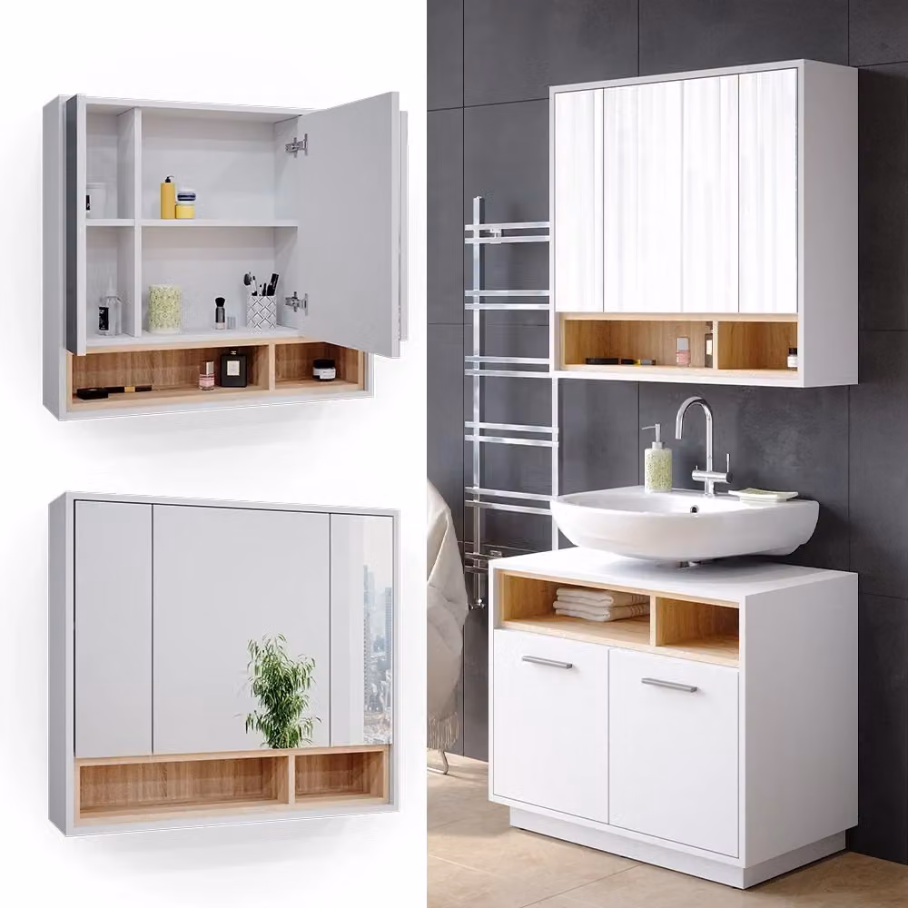 Specchio contenitore da bagno Beatrice Vicco Bianco con illuminazione LED e ante in vetro L: 80 cm, H: 72 cm, P: 24,3 cm – 2